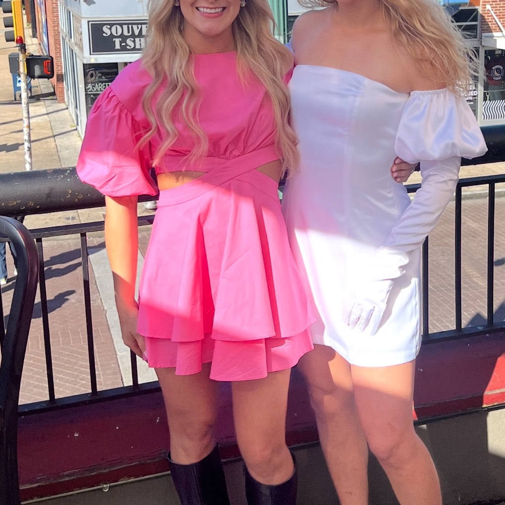 Olivaceous Bright Pink Cut Out Mini Dress with Puff Sleeves Size small WORN ONCE